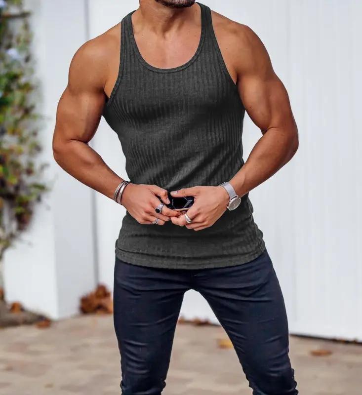 Summer Knitted Vertical Stripe Fitness Sports Leisure Slim Fit Mens Tank Top Mens Racerback Tank Top