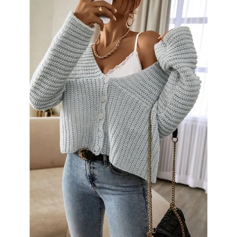 Sweater Cardigan Autumn And Winter Women's Button Solid Color Sweater Loose Fashion Top - Premium Shirts & Tops for sale