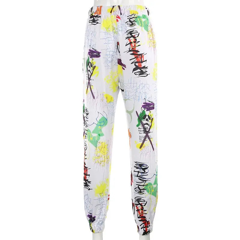 Sweetown Graffiti Baggy Cargo Pants Women Jogger Sweatpants Casual Pockets Elastic High Waist Trousers Female