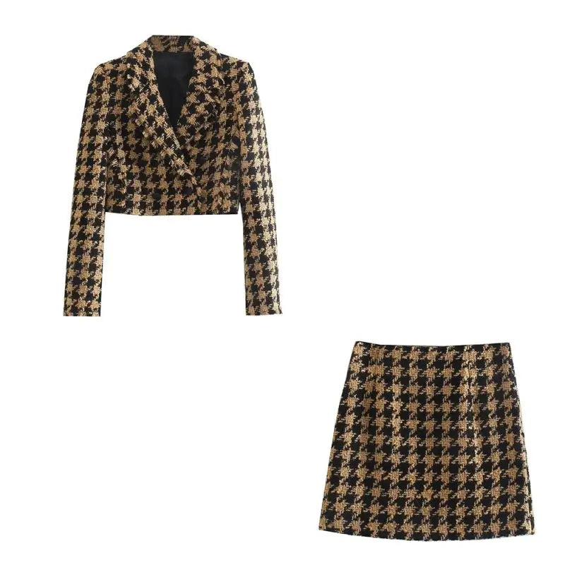 Tweed Summer Women Two - piece Set Vintage Plaid long Sleeve short Blazer Coat Female Slim High Waist Skirt Suits - Premium Outfit Sets for sale