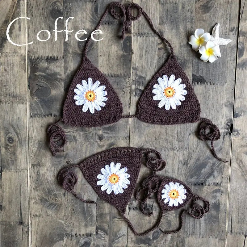 Vacation Split Swimsuit Hand-Woven Daisy Pattern Beach Bikini