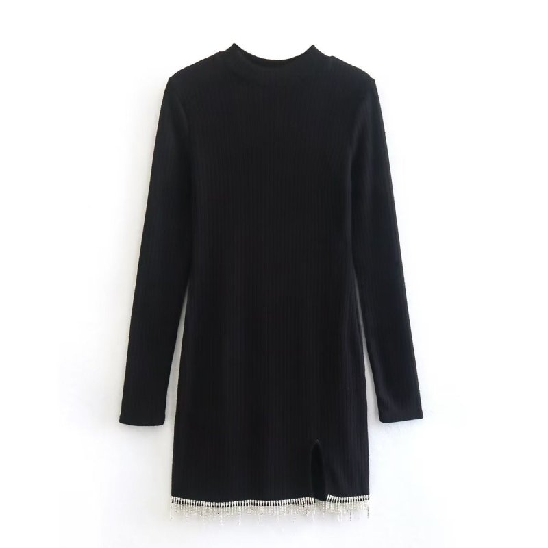 Winter Stand Collar Hem Jewelry Inlaid Knitted Long Sleeved Dress