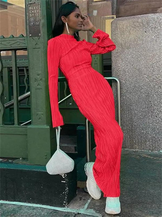 WJFZQM Long Sleeve Bodycon Striped Long Dresses For Women Club Party Elegant Outfit Autumn Ruched Ruffle Sexy Y2K Clothes