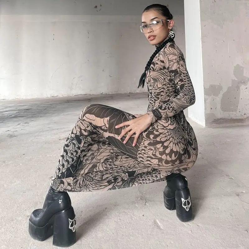 Women Clothing Autumn Mesh Printed See through High Collar Slim Fit Slimming Dress for Women