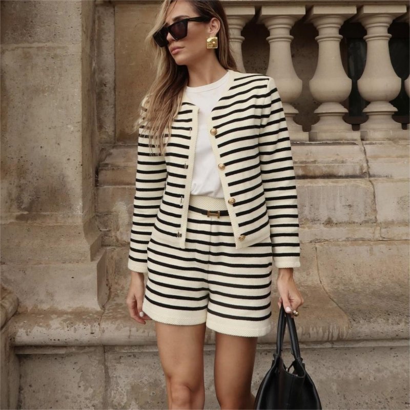Women Clothing Striped Round Neck Knitted Cardigan Casual Sweater