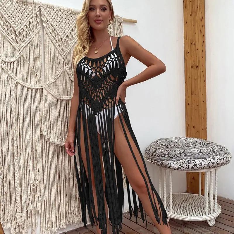 Women Crochet Sexy Halter Hollow Out Cutout Long Fringe Solid Color Beach Cover Up Dress