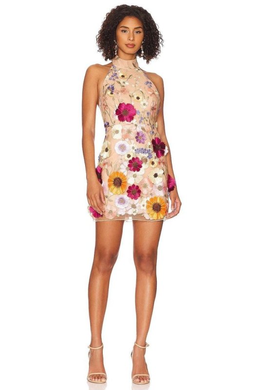 Women Embroidered Three Dimensional Floral Halter Slim Dress Small Dress