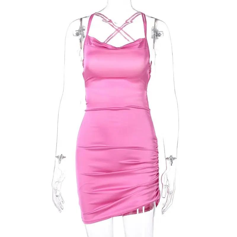 Women Strap Mini Dress Ruched Lace Up Cross Bandage Backless Bodycon Sexy Party Elegant 2023 Club Christmas Slim