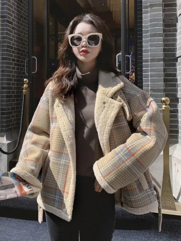 Women's Lambs Wool Short Coats Autumn Winter Wild New Korean Version Loose Plaid Notched Long Sleeve Casual Jacket - Premium for sale