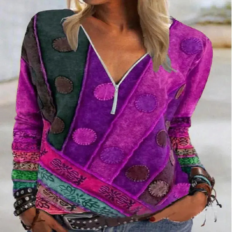 Women's Long Sleeve Element Printed V-Neck Zip T-Shirt