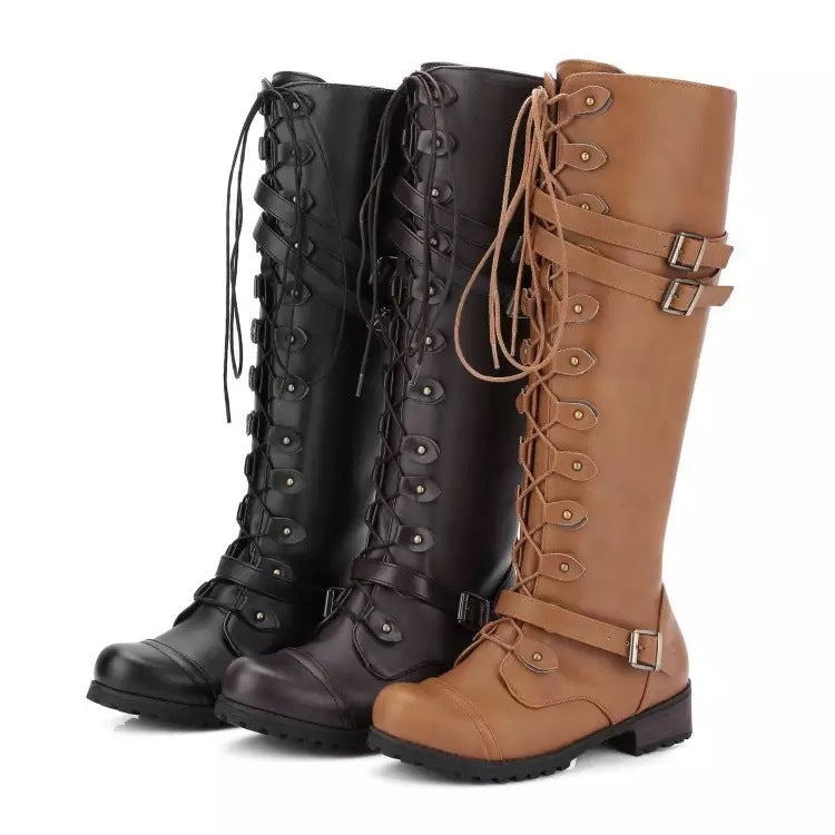 Women's Leather Tall Knight Boots with Buckle Detail