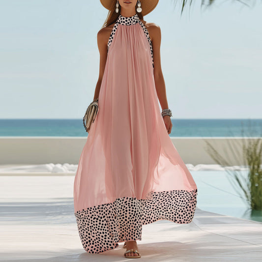 Women's Pink Polka Dot Sleeveless Halter Maxi Dress – Casual Sundress