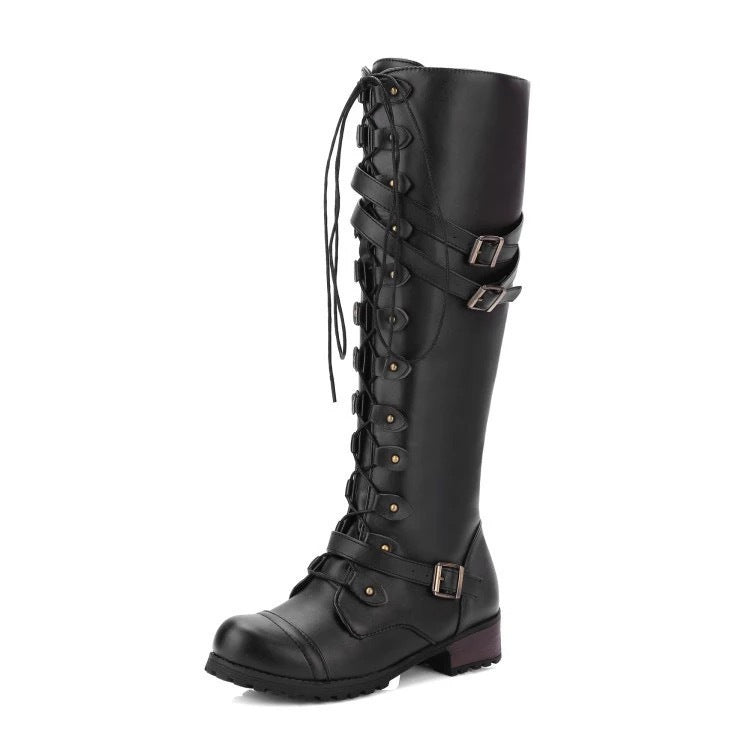 Women's Leather Tall Knight Boots with Buckle Detail