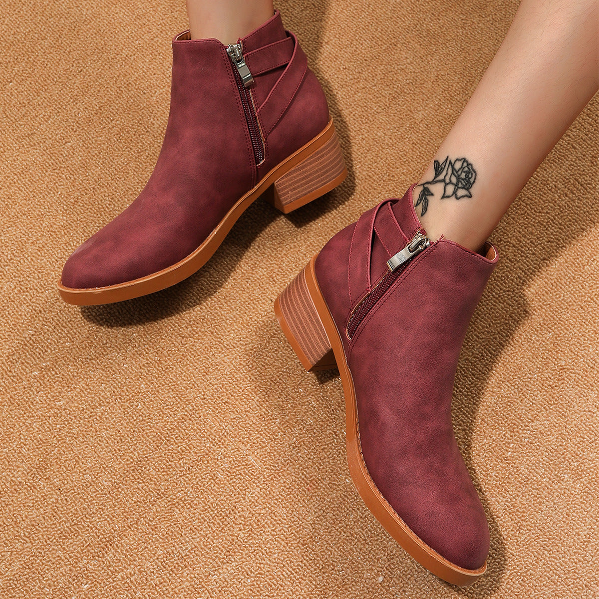 Women's Round-Toe Chunky Heel Ankle Boots