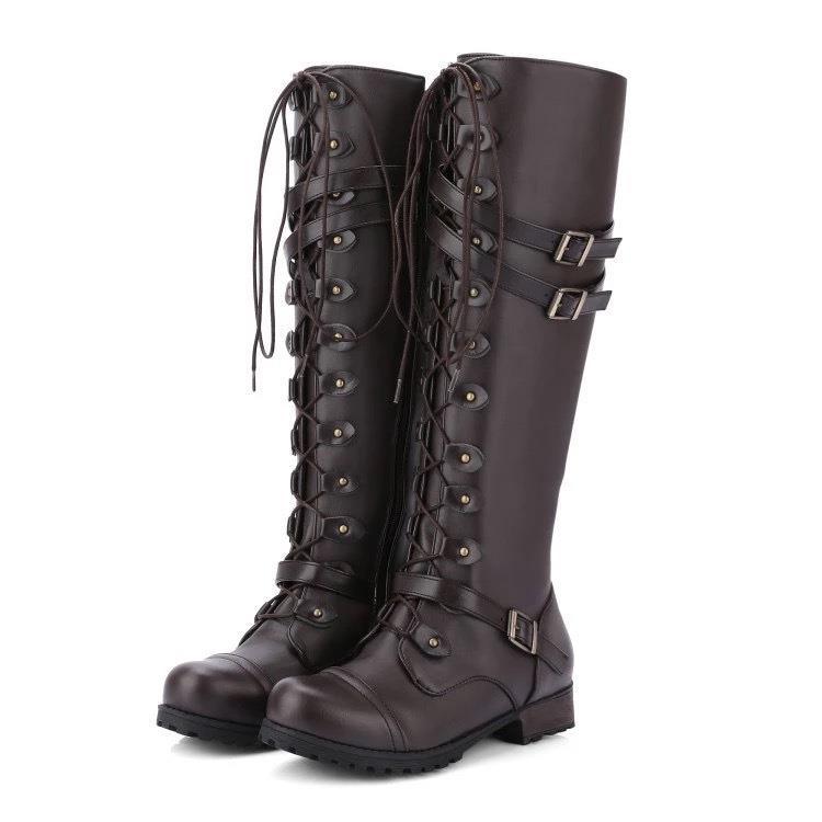 Women's Leather Tall Knight Boots with Buckle Detail