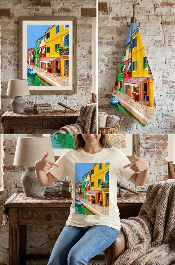 Collage of a framed painting, a wall art piece, and a person wearing a t-shirt with a colorful building design.