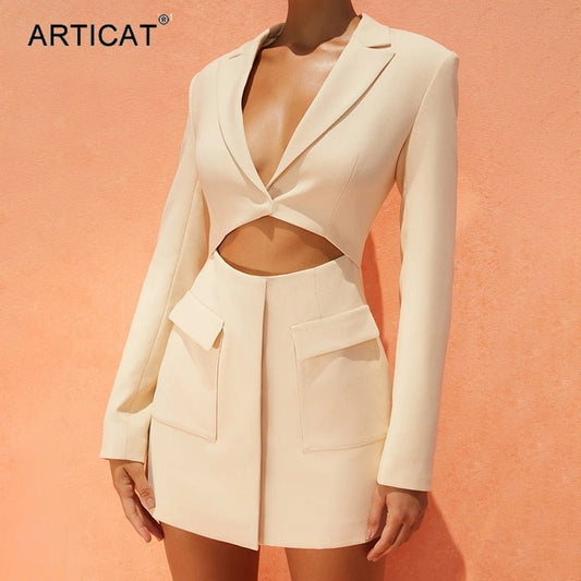 Articat Autumn Fashion Long Sleeve Blazer Dress Women Sexy Notched Collar Hollow Out Buttons Jacket Office Ladies Slim Outfits