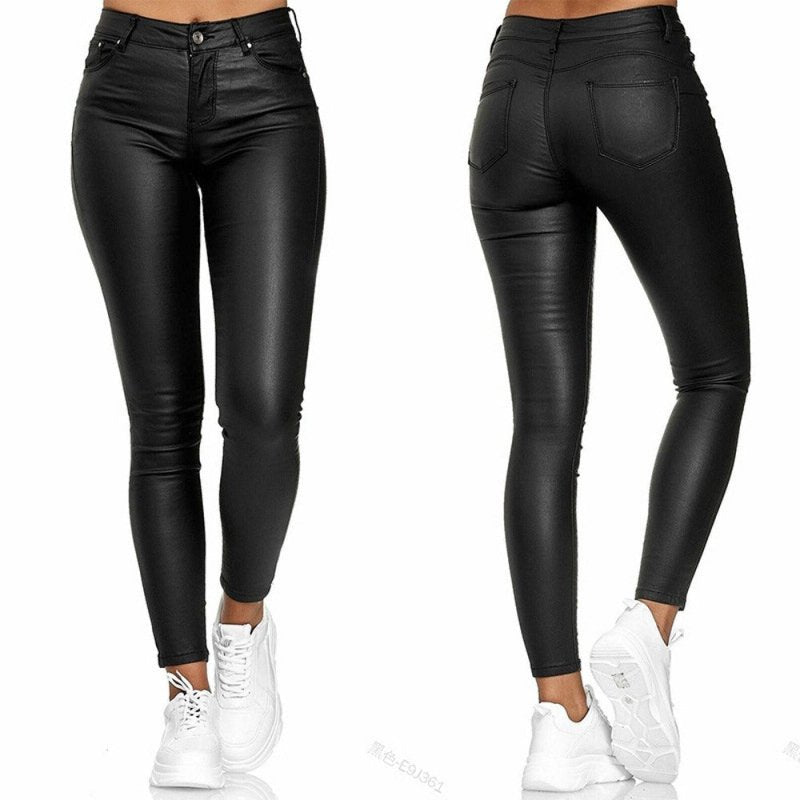 Autumn and Winter High Waist Solid Leather Casual Pants Small Foot Pants Leather Pants Long Pants Women