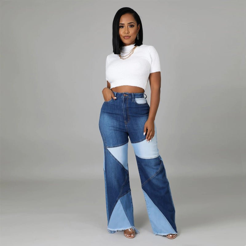 Autumn plus Size Women Wide Leg Pants Two Tone Jeans