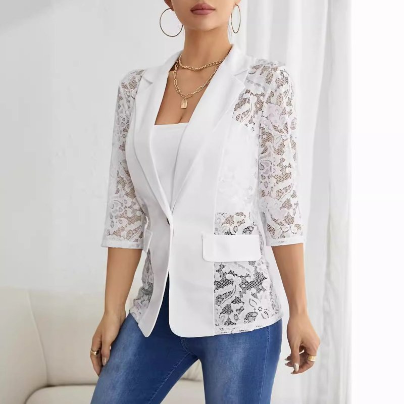 Autumn Winter Elegant Solid Color Lace Stitching Small Blazer Women Top