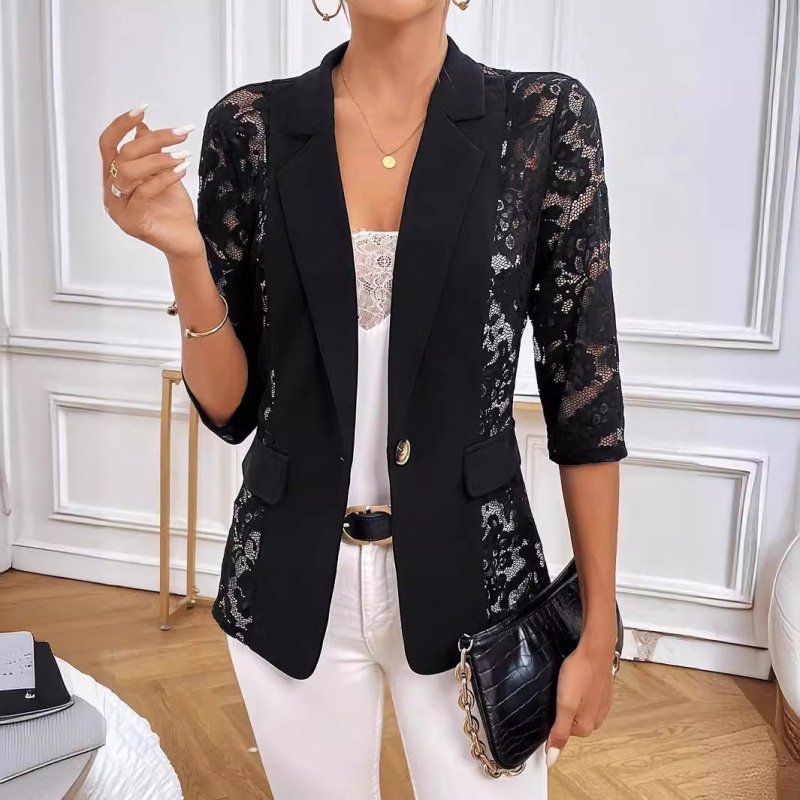 Autumn Winter Elegant Solid Color Lace Stitching Small Blazer Women Top