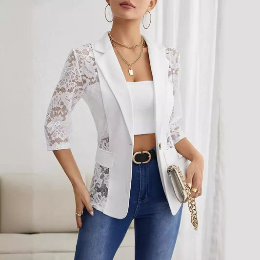 Autumn Winter Elegant Solid Color Lace Stitching Small Blazer Women Top