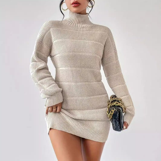 Autumn Winter Half Turtleneck Knitted Dress Women Clothing Fashionable Solid Color All Matching Sexy Hip Dress