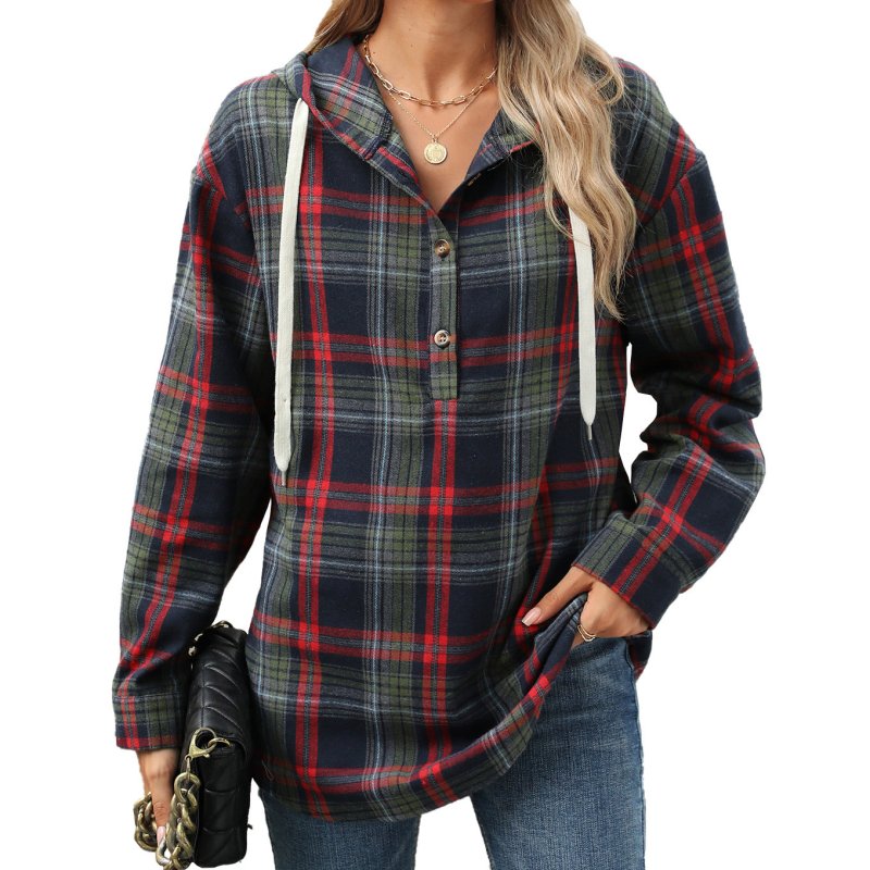 Autumn Winter Loose Long Sleeve Hooded Button Plaid Coat Sweatshirt Women