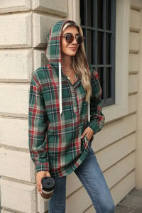 Autumn Winter Loose Long Sleeve Hooded Button Plaid Coat Sweatshirt Women - Premium Coats & Jackets for sale