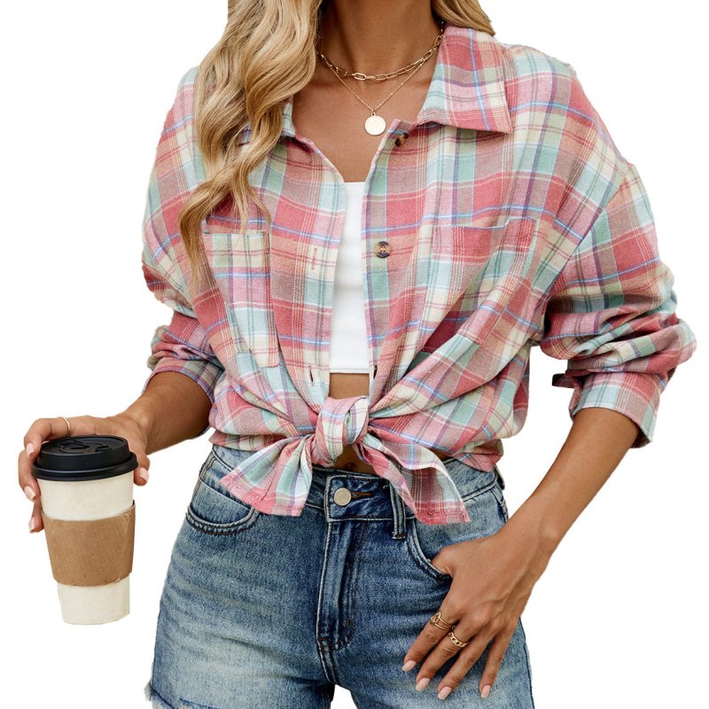 Autumn Winter Polo Collar Long Sleeve Pocket Button Plaid Shirt Top for Women