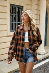 Autumn Winter Polo Collar Long Sleeve Pocket Button Plaid Shirt Top for Women - Premium Shirts & Tops for sale