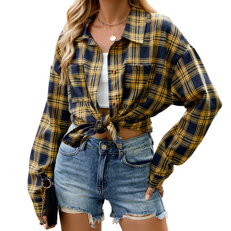 Autumn Winter Polo Collar Long Sleeve Pocket Button Plaid Shirt Top for Women