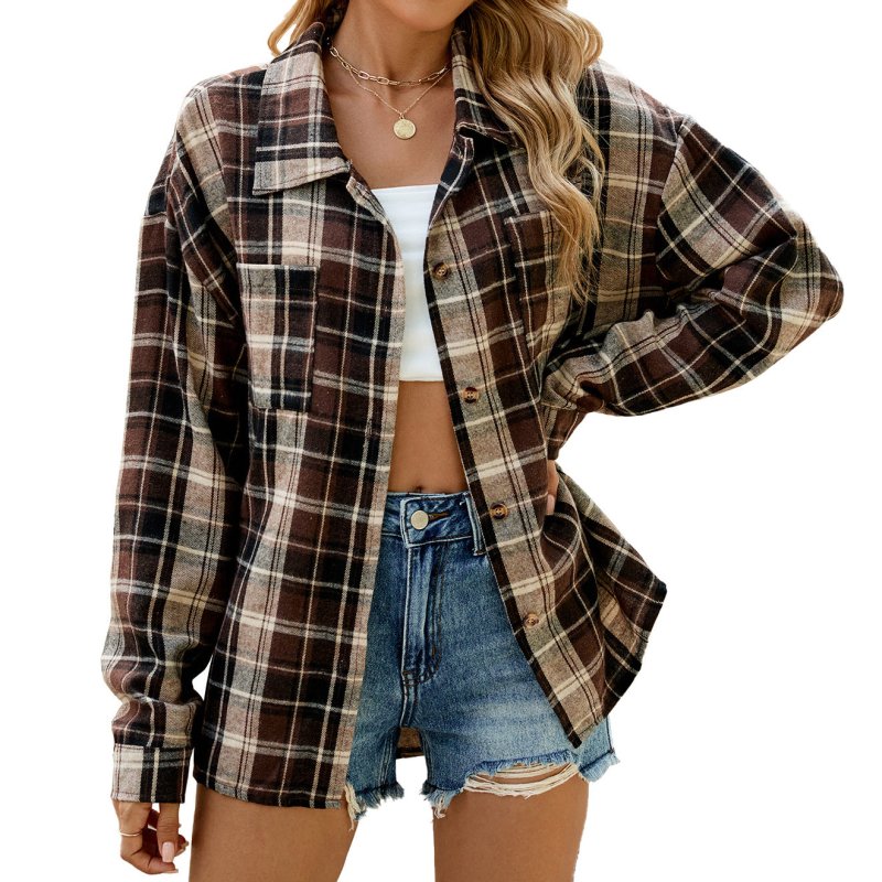 Autumn Winter Polo Collar Long Sleeve Pocket Button Plaid Shirt Top for Women