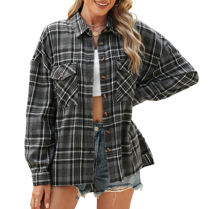 Autumn Winter Polo Collar Pocket Loose Long Sleeve Plaid Shirt Women