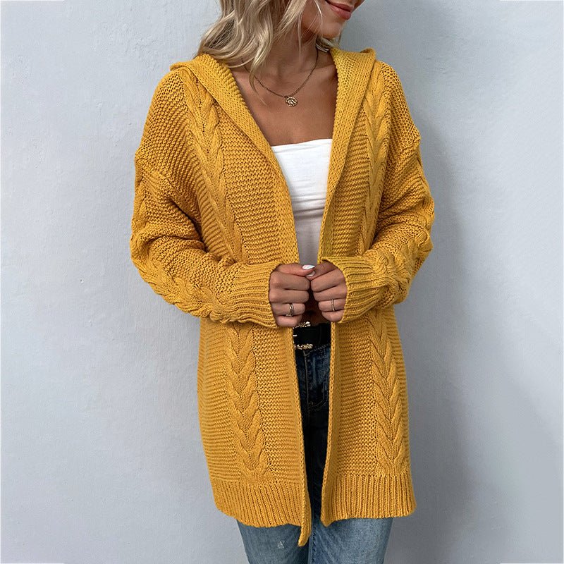 Autumn Winter Solid Color Hooded Twist Knitwear Cardigan Sweater Women Coat