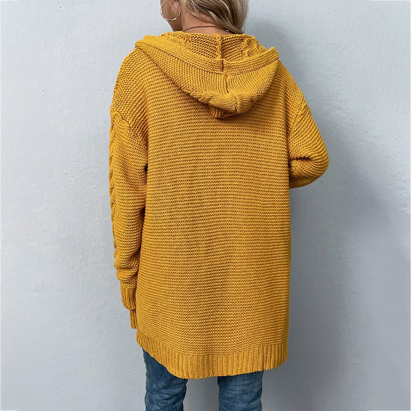 Autumn Winter Solid Color Hooded Twist Knitwear Cardigan Sweater Women Coat