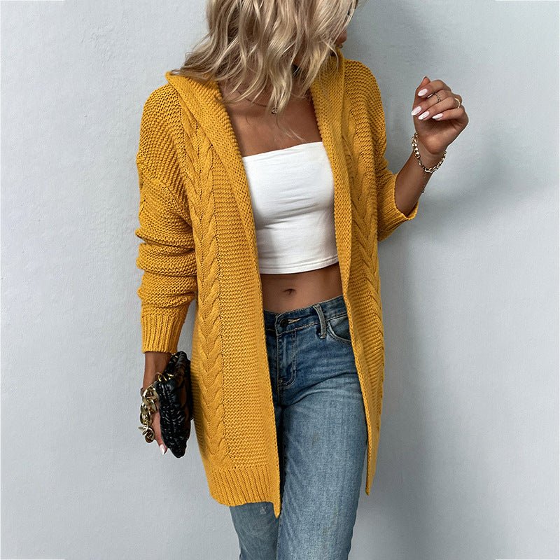 Autumn Winter Solid Color Hooded Twist Knitwear Cardigan Sweater Women Coat