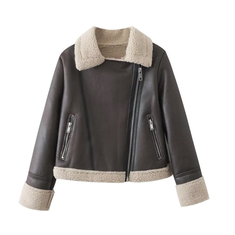 Autumn Winter Women Clothing Brown Short Faux Jacket Faux Leather Coat