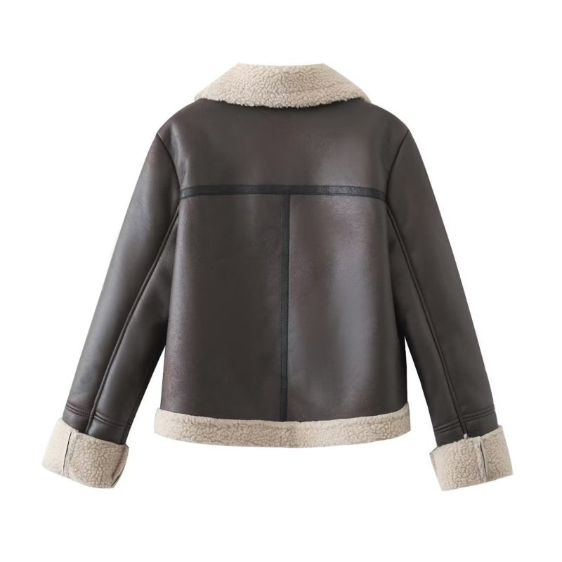 Autumn Winter Women Clothing Brown Short Faux Jacket Faux Leather Coat