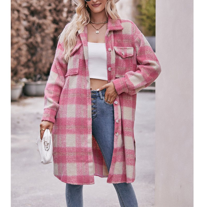 Autumn Winter Women Long Cut Coat Mohair Plaid Coat