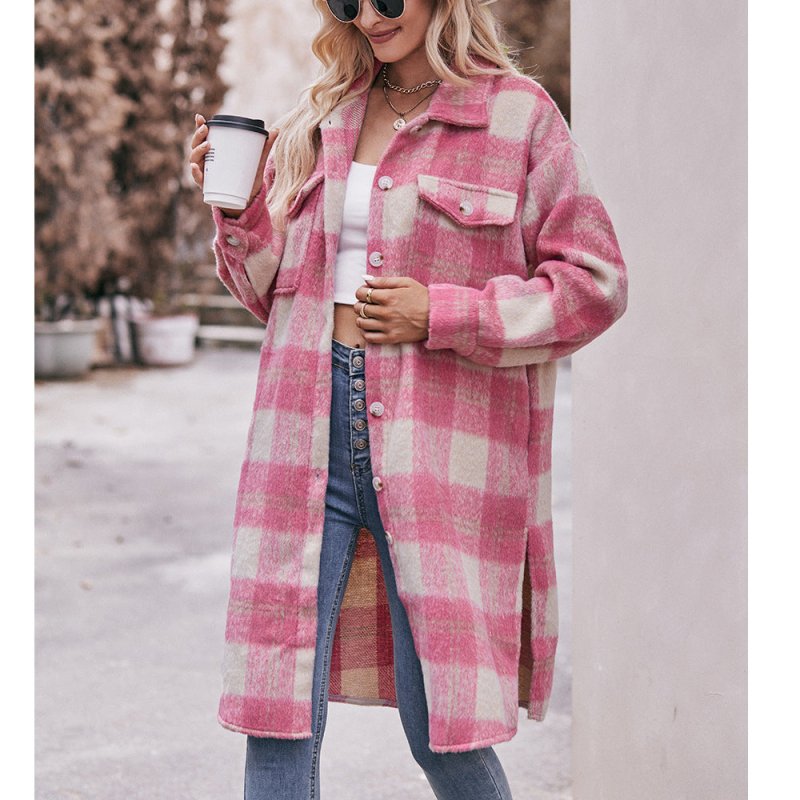 Autumn Winter Women Long Cut Coat Mohair Plaid Coat