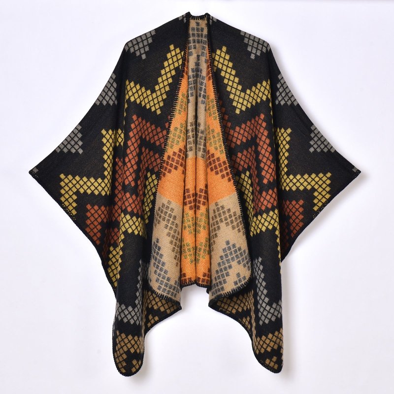 Autumn Winter Women Simple Elegant Jacquard Thickened Shawl Knitted Slit Warm Cloak