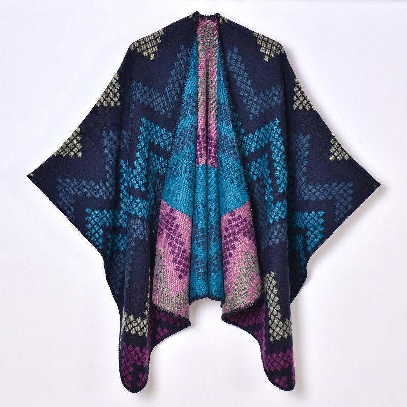 Autumn Winter Women Simple Elegant Jacquard Thickened Shawl Knitted Slit Warm Cloak