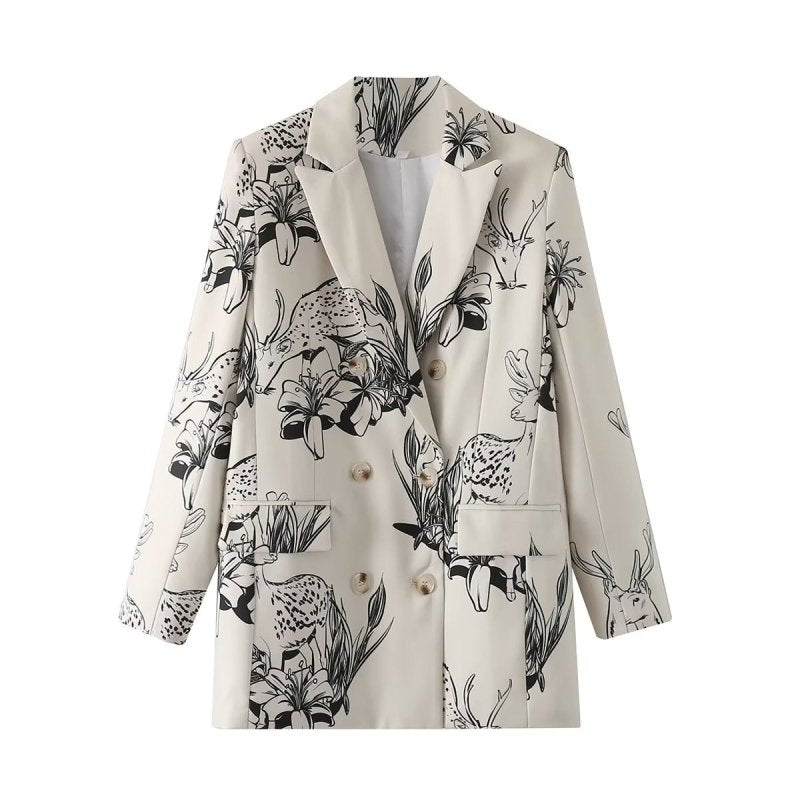 Autumn Women Clothing Black White Printed Blazer