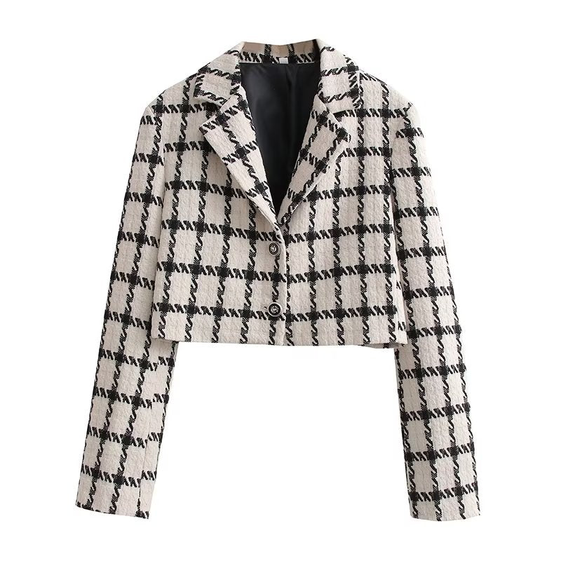 Autumn Women Clothing Plaid Short Casual Blazer