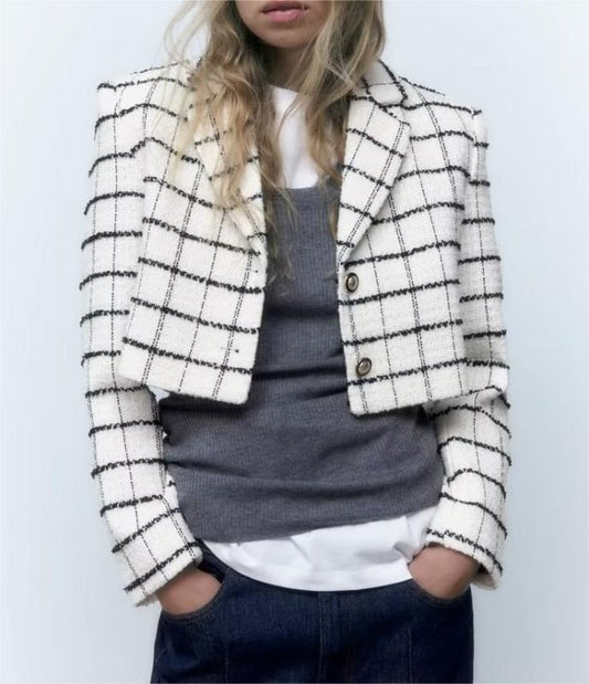 Autumn Women Clothing Plaid Short Casual Blazer