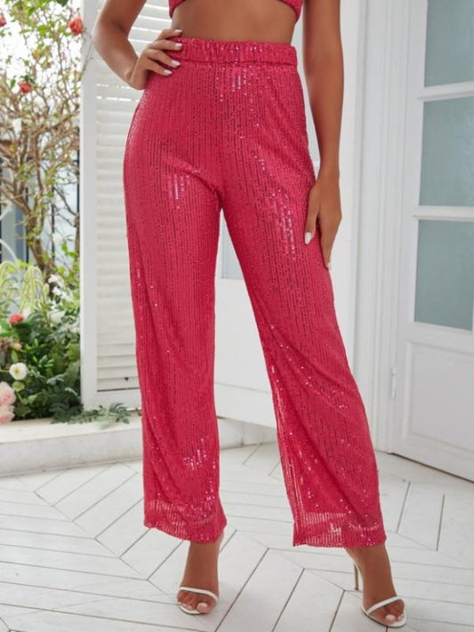 Autumn Women Clothing Sequined Casual Pants Slim High Waist Loose Straight Wide Leg Pants