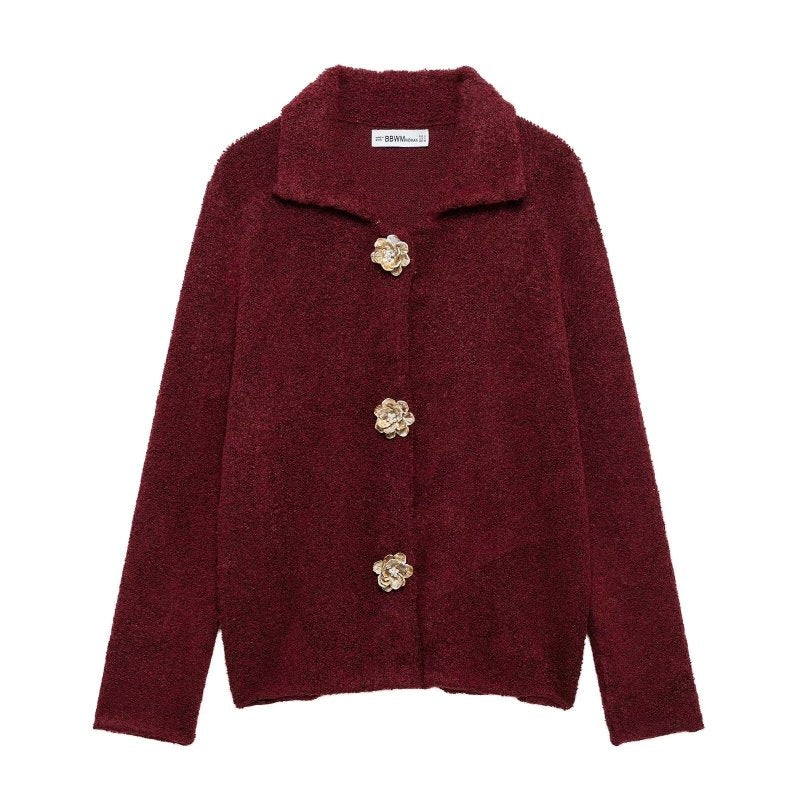 Autumn Women Elegant Knitted Cardigan Floral Button