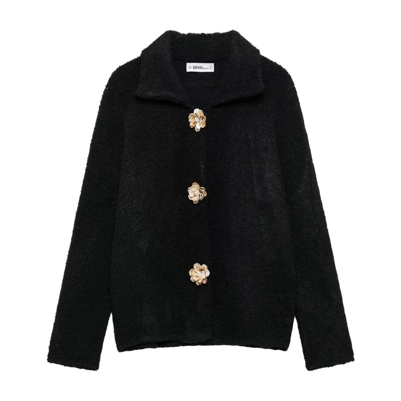 Autumn Women Elegant Knitted Cardigan Floral Button