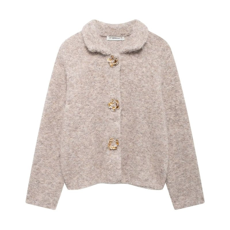 Autumn Women Elegant Knitted Cardigan Floral Button